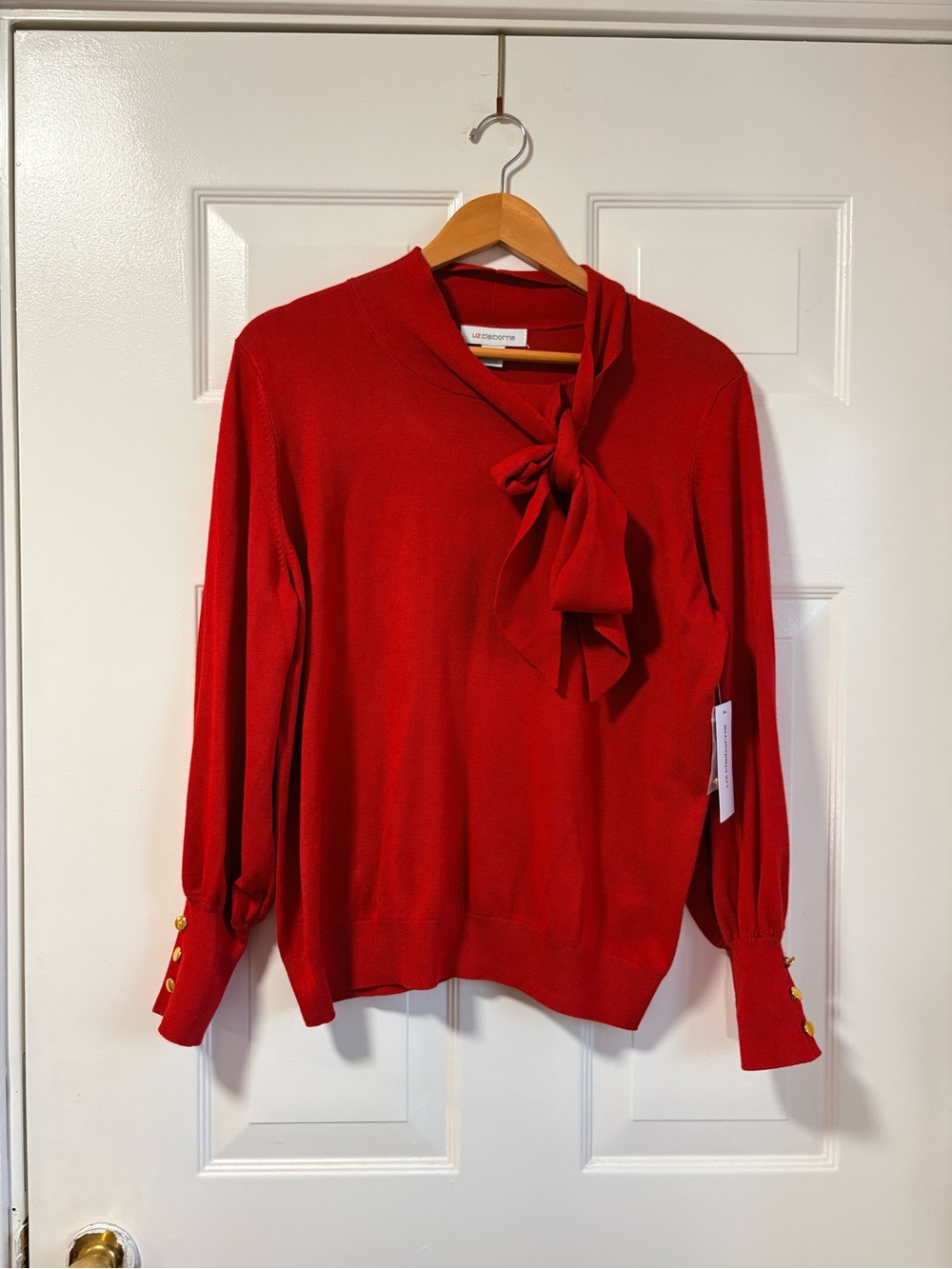 Liz Claiborne Cherry Red Bow-Neck Long-Sleeve Sweater with Gold Buttons XLP